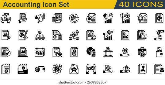 Accounting icon set. Containing Accountant,Accounting,Annual Report,Auditor,Bank,Budget,Cash Flow,Creditor,Financial Statement,Income Statement,Interest Rate. Mixed Style
