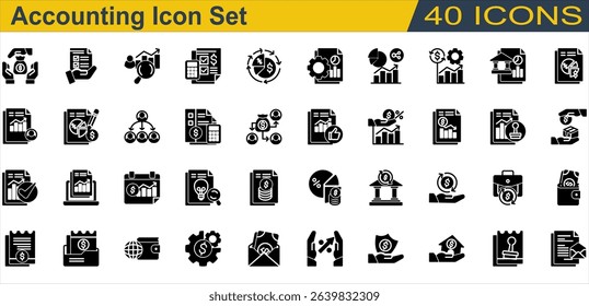 Accounting icon set. Containing Accountant,Accounting,Annual Report,Auditor,Bank,Budget,Cash Flow,Creditor,Financial Statement,Income Statement,Interest Rate. Solid Style