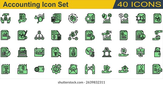 Accounting icon set. Containing Accountant,Accounting,Annual Report,Auditor,Bank,Budget,Cash Flow,Creditor,Financial Statement,Income Statement,Interest Rate. Color Lineal Solid Style