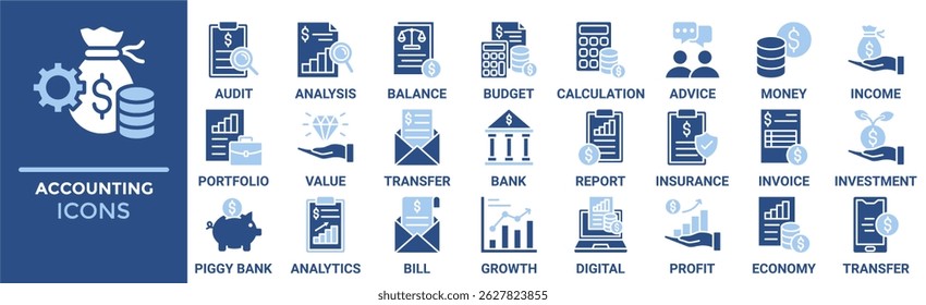 Conjunto de iconos de contabilidad. Contiene auditoría, análisis, balance, presupuesto, cálculo, asesoramiento, dinero, ingresos y más. Iconos de vector sólido colección