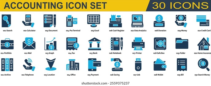 Accounting icon set. Containing Bank, Bill, Cash Register, Credit Card, Data Analytics, Home Insurance, Money, Payment, Pos Terminal, Safe Box, Savings, Search Money, Tax, Usb and Wallet. Duo Tone