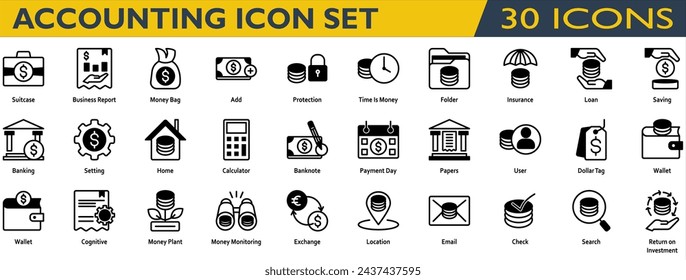 Conjunto de iconos de contabilidad. Conteniendo Informe de Negocio, Bolsa de Dinero, El Tiempo Es Dinero, Seguro, Préstamo, Ahorros, Banca, Billete, Día de Pago, Etiqueta de Dólar, Planta de Dinero, Supervisión de Dinero, Cambio, Retorno de la Inversión. Mixto