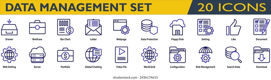 Accounting icon set. Containing Drawer,Briefcase,Bar Chart,Letter,Webpage,Data Protection,Setting,Like,Document,Web Setting,Portfolio,Risk Management. line color style