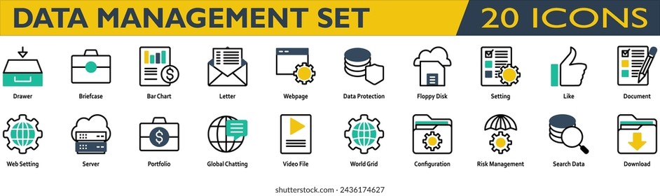 Accounting icon set. Containing Drawer,Briefcase,Bar Chart,Letter,Webpage,Data Protection,Setting,Like,Document,Web Setting,Portfolio,Risk Management. Mixed color style
