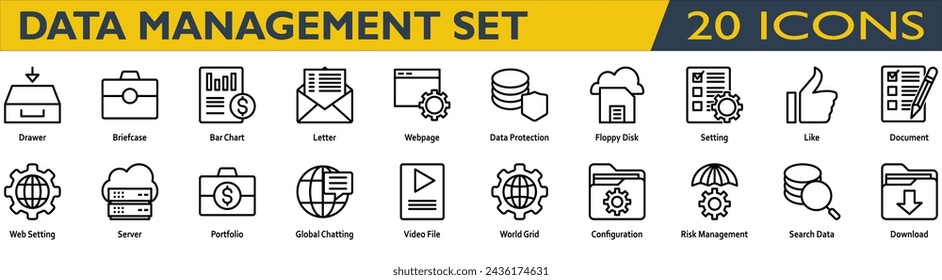 Accounting icon set. Containing Drawer,Briefcase,Bar Chart,Letter,Webpage,Data Protection,Setting,Like,Document,Web Setting,Portfolio,Risk Management. outline style