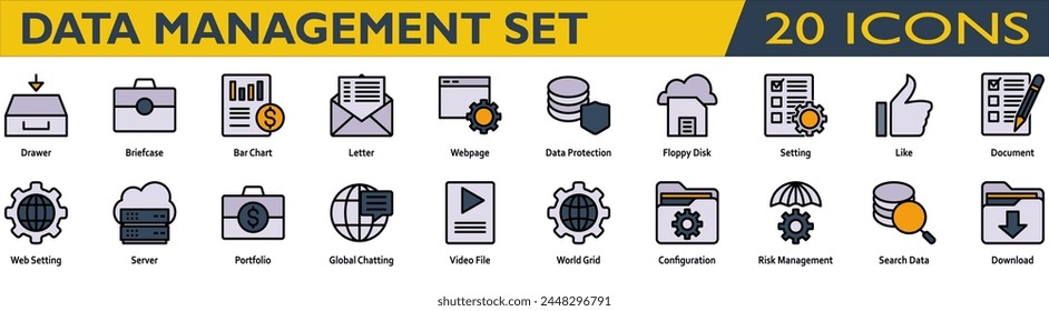 Accounting icon set. Containing Drawer,Briefcase,Bar Chart,Letter,Webpage,Data Protection,Setting,Like,Document,Web Setting,Portfolio,Risk Management. color lineal