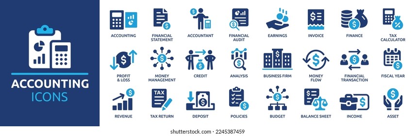 Accounting icon set. Containing financial statement, accountant, financial audit, invoice, tax calculator, business firm, tax return, income and balance sheet icons. Solid icon collection. - Shutterstock ID 2245387459