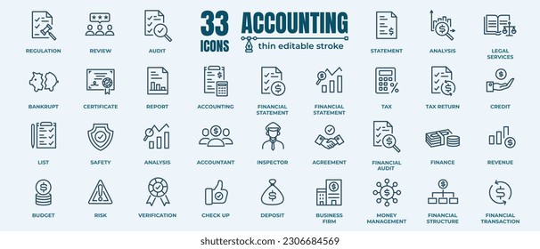 Accounting icon set. Containing financial statement, audit, financial report, invoice. Pixel perfect 64x64. Editable Strokes 