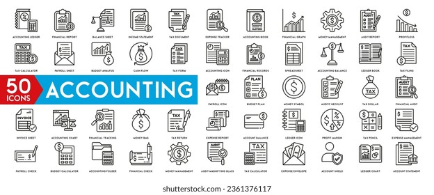 Accounting icon set. Containing financial statement, accountant, financial audit, invoice, tax calculator, business firm, tax return, income and balance sheet icons.