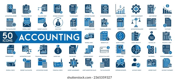 Accounting icon set. Containing financial statement, accountant, financial audit, invoice, tax calculator, business firm, tax return, income and balance sheet icons.