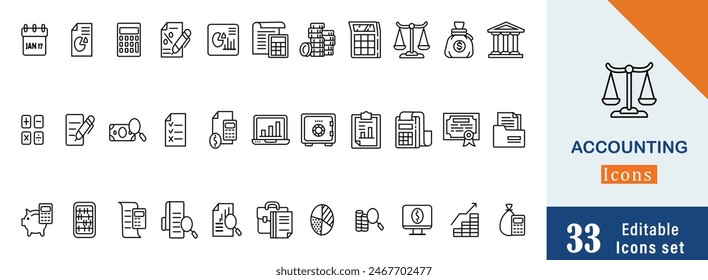 Accounting icon set. Containing financial statement, accountant, financial audit, invoice, tax calculator, business firm, tax return, income and balance sheet