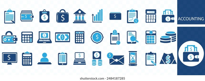 Accounting icon set. Containing financial statement, accountant, financial audit, invoice, tax calculator, business firm, tax return, income and balance sheet icons. Solid icon