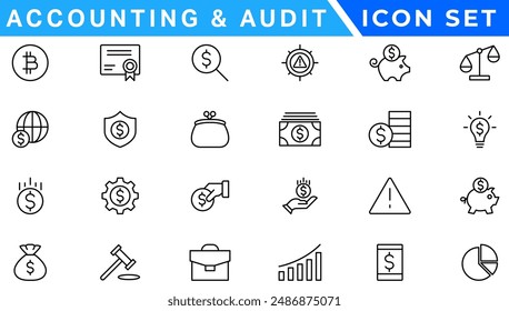 Accounting icon set. Containing financial statement, accountant, financial audit, invoice, tax calculator, business firm, tax return, income and balance sheet icons. Solid icon collection.