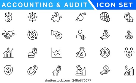 Accounting icon set. Containing financial statement, accountant, financial audit, invoice, tax calculator, business firm, tax return, income and balance sheet icons. Solid icon collection.