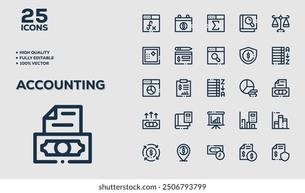 Accounting icon set. Containing financial statement, accountant, financial audit, invoice, tax calculator, business firm, tax return, income and balance sheet icons. Solid icon collection