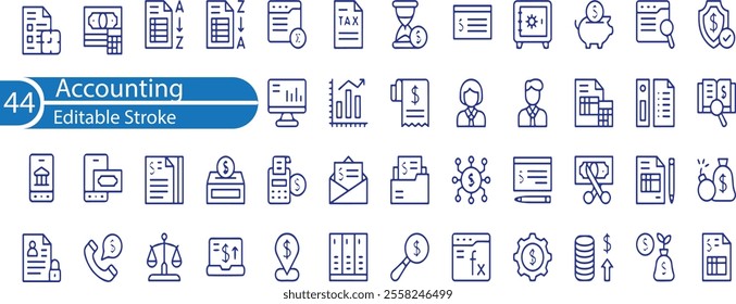 Accounting icon set. Containing financial statement, accountant, financial audit, invoice, tax calculator, business firm, tax return, income and balance sheet icons.