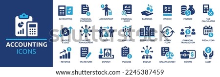 Accounting icon set. Containing financial statement, accountant, financial audit, invoice, tax calculator, business firm, tax return, income and balance sheet icons. Solid icon collection.