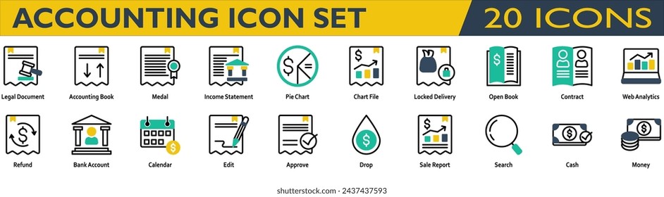 Accounting icon set. Containing Legal Document,Accounting Book,Income Statement,Locked Delivery,Open Book,Contract,Web Analytics,Refund,Bank Account,Sale Report,Cash,Money . Mixed Color style