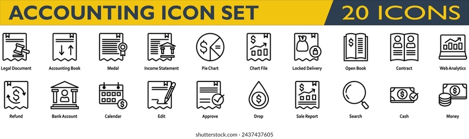 Accounting icon set. Containing Legal Document,Accounting Book,Income Statement,Locked Delivery,Open Book,Contract,Web Analytics,Refund,Bank Account,Sale Report,Cash,Money . line style collection