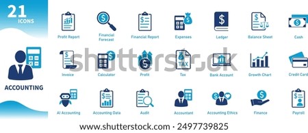 Accounting icon. Set of flat icons on finance, money management, calculations, office work, business, taxes, financial reports. Solid vector icons