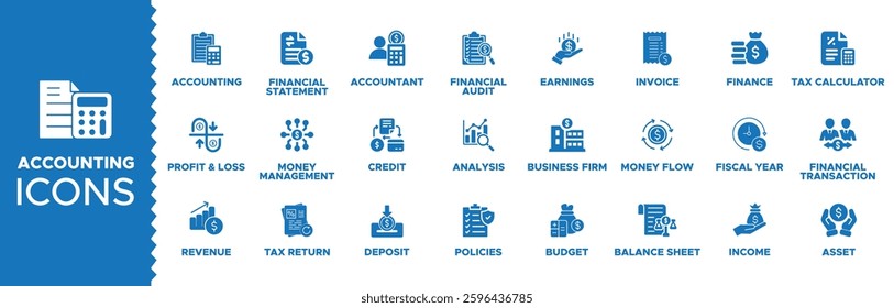 Accounting icon set. accounting icons set or pack. Containing statement, accountant, audit, invoice, tax calculator, business firm, tax return, income and balance sheet icons. Solid icon collection.