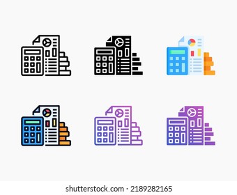 Accounting icon set with line, outline, flat, filled, glyph, color, gradient. Editable stroke and pixel perfect. Can be used for digital product, presentation, print design and more.