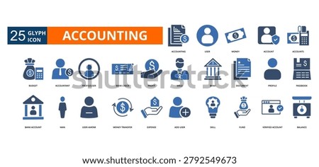 accounting icon set with accounting, user, money, account, accounts, budget, accountant, profile user, bank check, profit, bank account, male, bank, document,
profile, passbook, man, user avatar, money transfer, expense, add user, skill, fund,
verified account, balance

