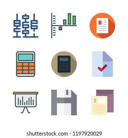 accounting icon set. vector set about bar chart, calculator, file and abacus icons set.