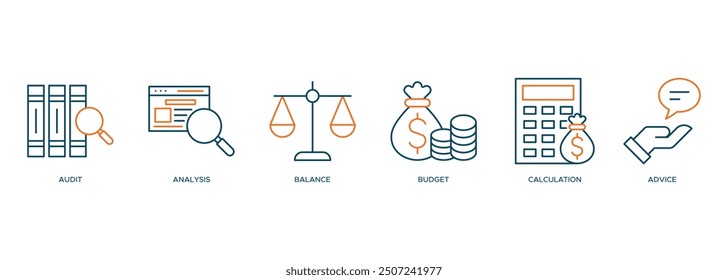 Accounting icon set vector banner web illustration concept for business and finance with an icon of the audit, analysis, balance, budget, calculation, and advice