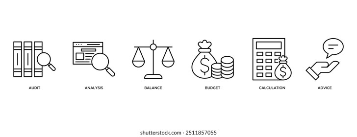 Concepto de ilustración de Web de Anuncio de Vector de conjunto de iconos de contabilidad para negocios y finanzas con un ícono de la auditoría, análisis, equilibrio, presupuesto, cálculo y asesoramiento