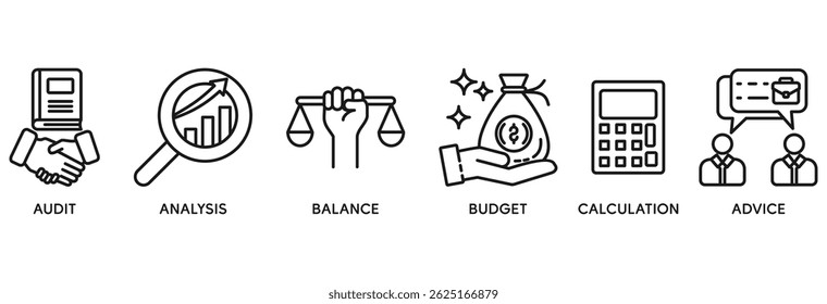 El concepto de Ilustración vectorial del conjunto de iconos de contabilidad se relaciona con los negocios y las finanzas con un icono de la auditoría, el análisis, el equilibrio, el presupuesto, el cálculo y el asesoramiento