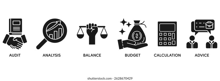 Accounting icon set vector illustration concept relate to business and finance with an icon of the audit, analysis, balance, budget, calculation, and advice