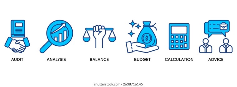 Accounting icon set vector illustration concept relate to business and finance with an icon of the audit, analysis, balance, budget, calculation, and advice