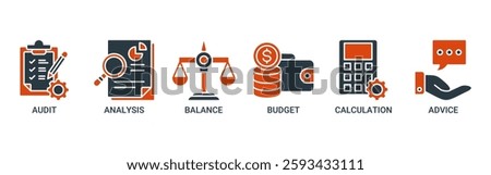 Accounting icon set vector illustration concept for business and finance with an icon of the audit, analysis, balance, budget, calculation and advice icons. Solid color vector symbol background