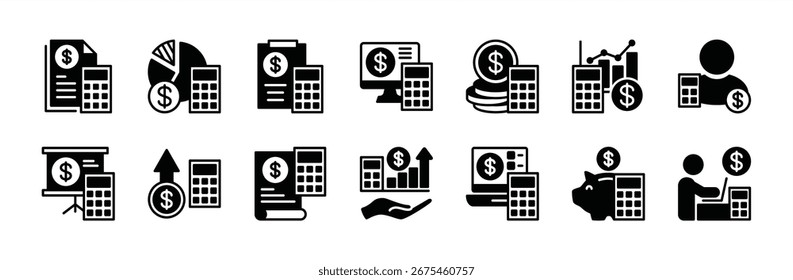 Ícone de contabilidade com conjunto de vetores. Contém finanças, bancos, cálculos, contador, demonstrativo, fatura, imposto, lucro, ganhos, análise, moeda, saldo, funcionário do escritório. Ilustração