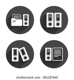 Accounting icons. Document storage in folders sign symbols. Circles buttons with long flat shadow. Vector