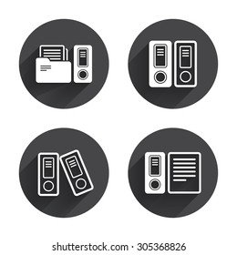 Accounting icons. Document storage in folders sign symbols. Circles buttons with long flat shadow. Vector