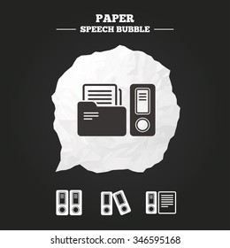 Accounting icons. Document storage in folders sign symbols. Paper speech bubble with icon.