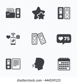 Accounting icons. Document storage in folders sign symbols. Flat talking head, calendar icons. Stars, like counter icons. Vector