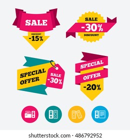 Accounting icons. Document storage in folders sign symbols. Web stickers, banners and labels. Sale discount tags. Special offer signs. Vector