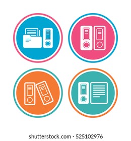 Accounting icons. Document storage in folders sign symbols. Colored circle buttons. Vector