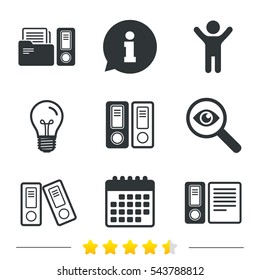 Accounting icons. Document storage in folders sign symbols. Information, light bulb and calendar icons. Investigate magnifier. Vector