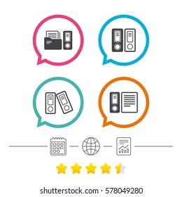 Accounting icons. Document storage in folders sign symbols. Calendar, internet globe and report linear icons. Star vote ranking. Vector