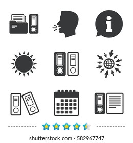Accounting icons. Document storage in folders sign symbols. Information, go to web and calendar icons. Sun and loud speak symbol. Vector