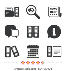 Accounting icons. Document storage in folders sign symbols. Newspaper, information and calendar icons. Investigate magnifier, chat symbol. Vector