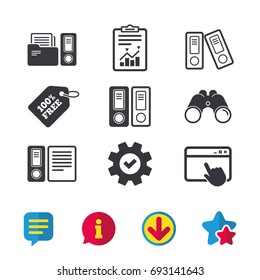 Accounting icons. Document storage in folders sign symbols. Browser window, Report and Service signs. Binoculars, Information and Download icons. Stars and Chat. Vector