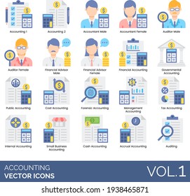 Accounting icons including accountant, auditor, financial advisor, governmental, public, cost, forensic, management, tax, internal, small business, cash, accrual, auditing.