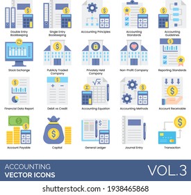 Accounting Icons Including Double, Single Entry Bookkeeping, Principle, Guideline, Stock Exchange, Publicly Traded Company, Privately Held, Nonprofit, Reporting Standard, Financial Data, Transaction.