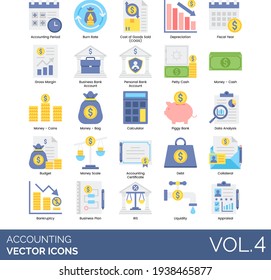 Accounting icons including period, burn rate, cost of goods sold, depreciation, fiscal year, gross margin, personal account, petty cash, coin, bag, calculator, piggy bank, data analysis, budget, debt.