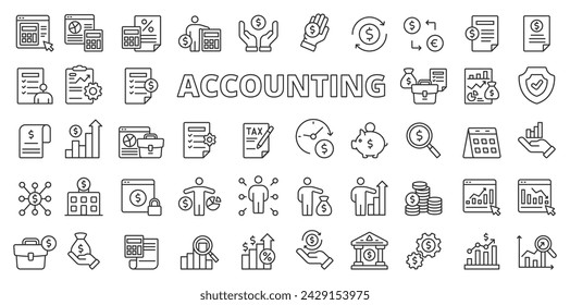 Accounting icons in line design. Accounting, analytics, finance, business, money, financial, audit, tax, budget, capital isolated on white background vector. Accounting editable stroke icons.